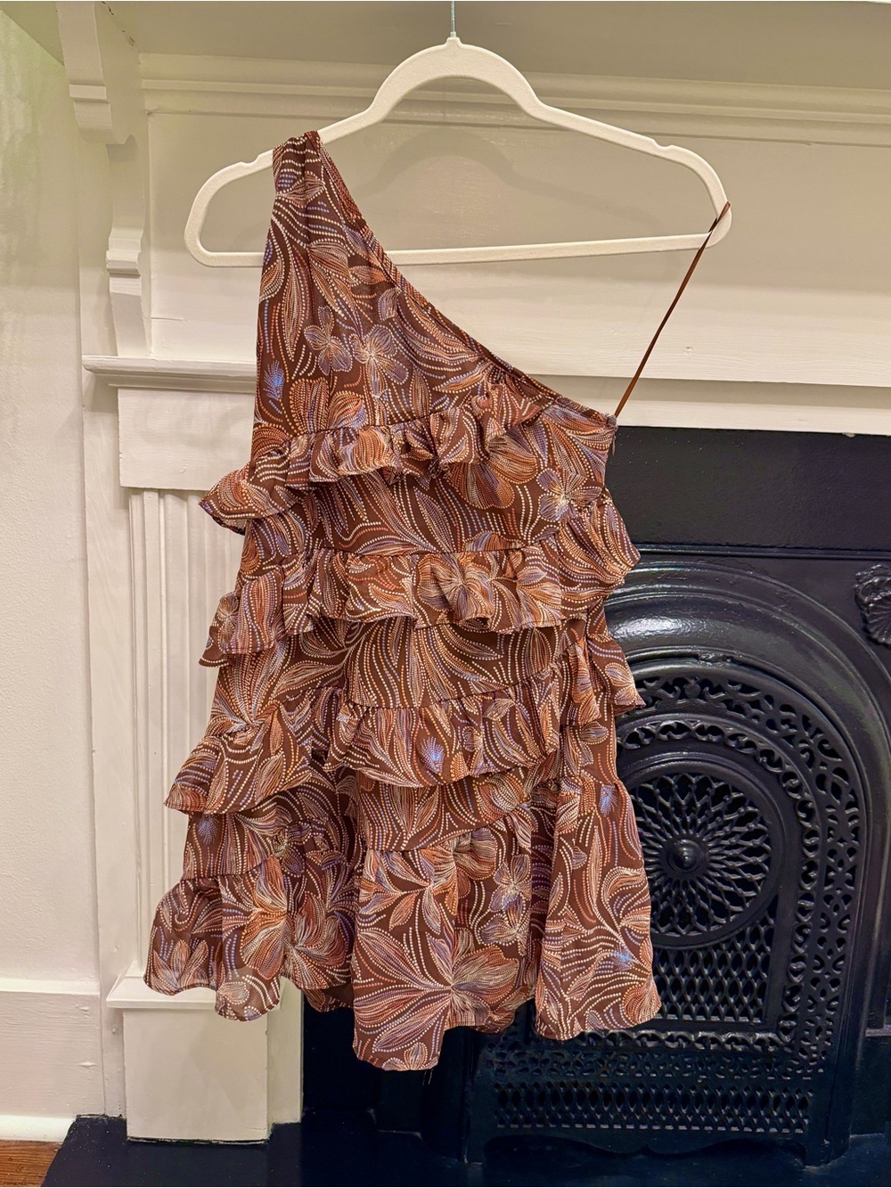 Asymmetric One-Shoulder Ruffle Dress in Brown Floral